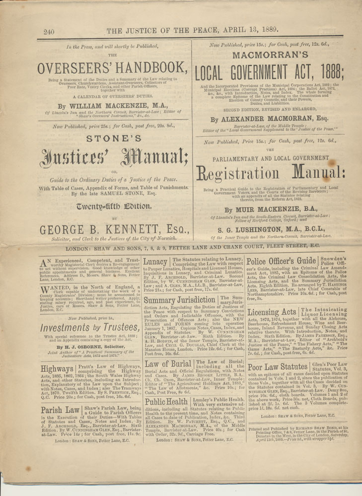 1889 Justice Of The Peace Rear Page April 13th 1889