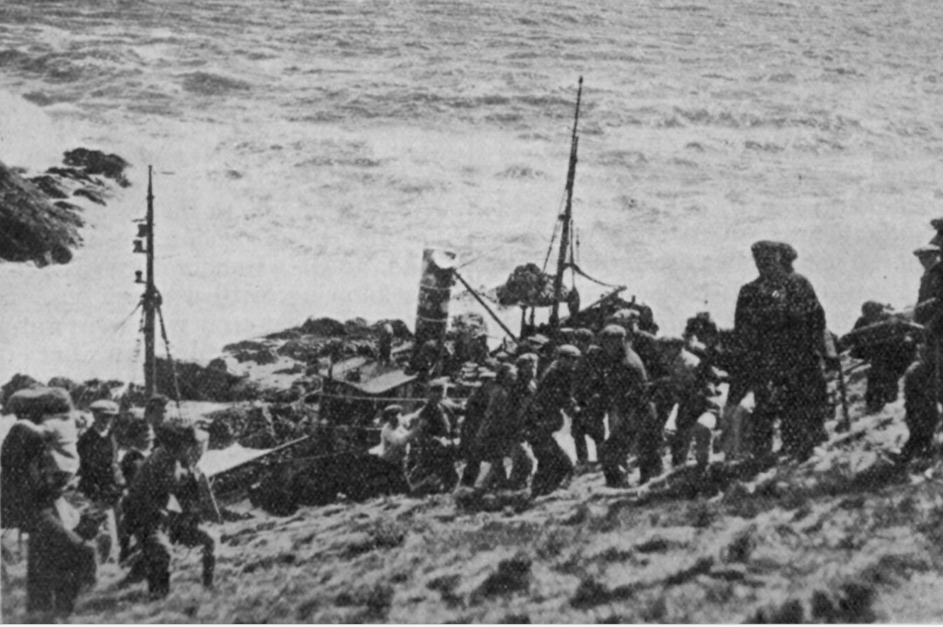 1934 The Trawler Dagon of Grimsby on the rocks near Peterhead crew in life saving apparatus 8th September 1934