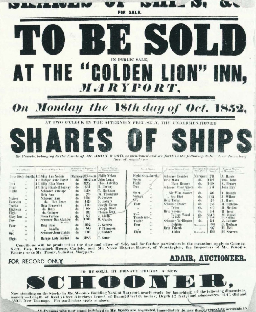 Advert For Shares Of Ships To Be Sold At Golden Lion Maryport Oct 1852