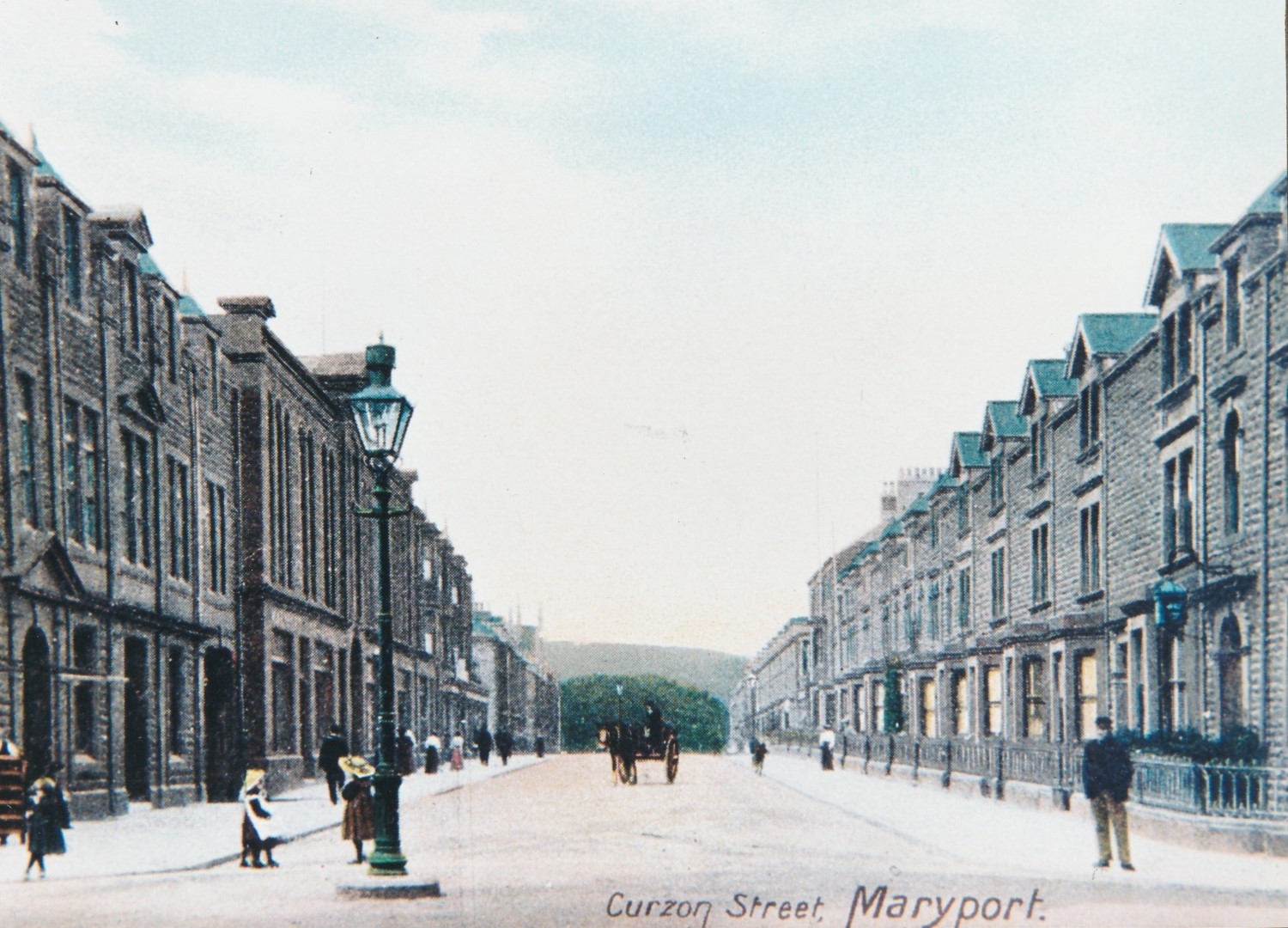 Curzon Street with horse cart children with hats hand coloured postcard
