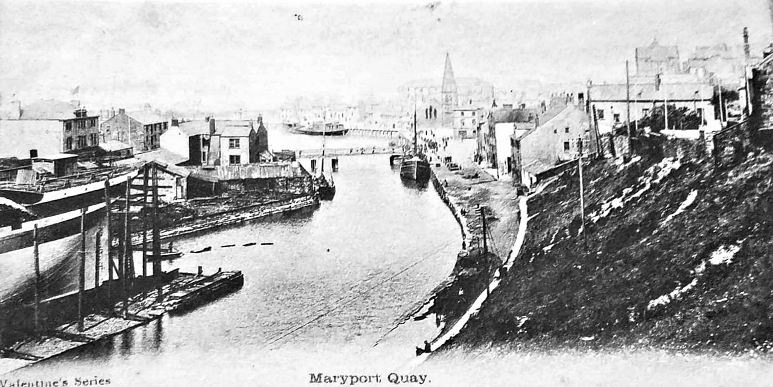 Maryport Quay from Settlement with ship on ribs ship ready for sideways launch swing bridge