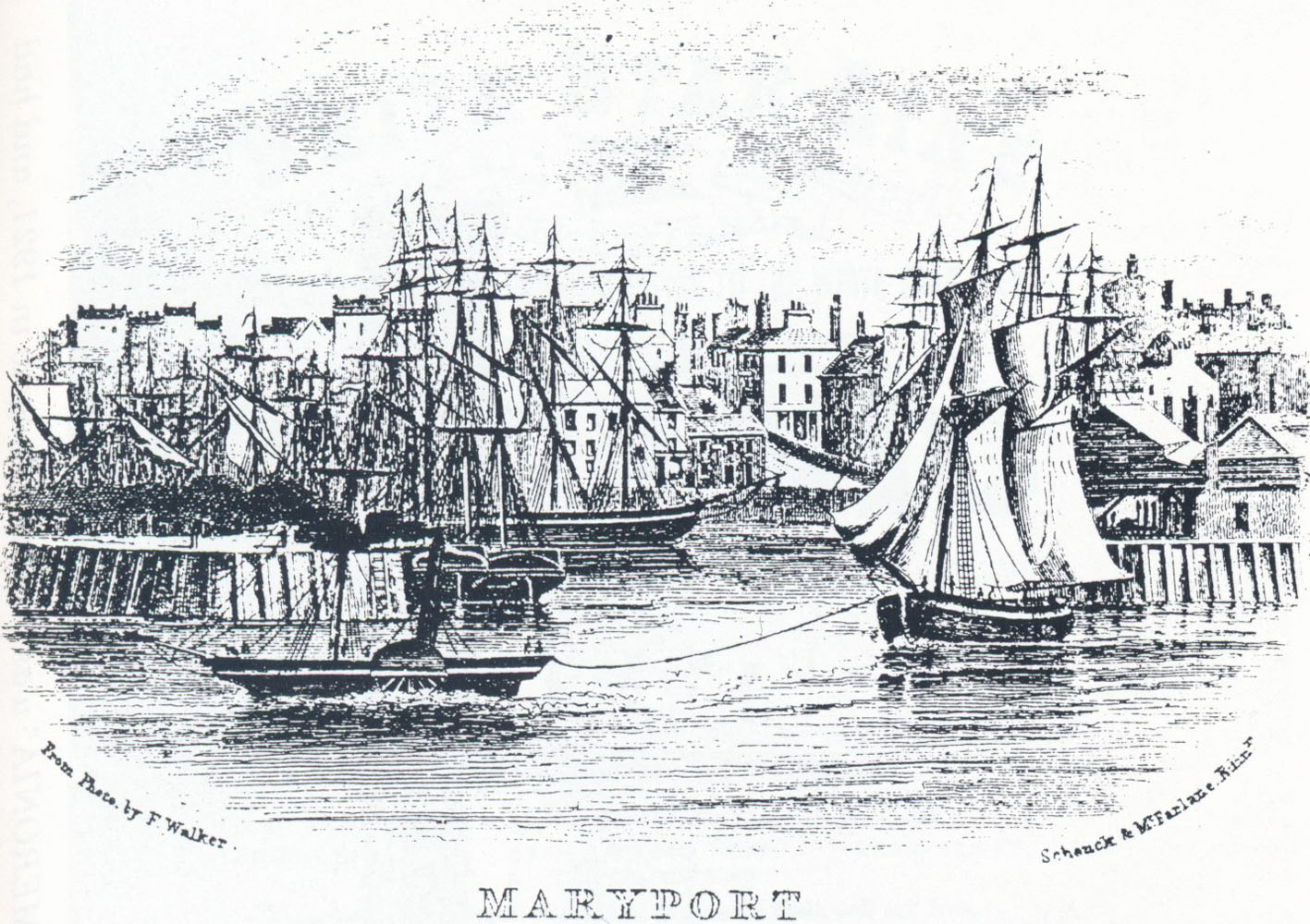 Maryport Harbour Paddle Steamer Tug Towing Sailing Ship Etching