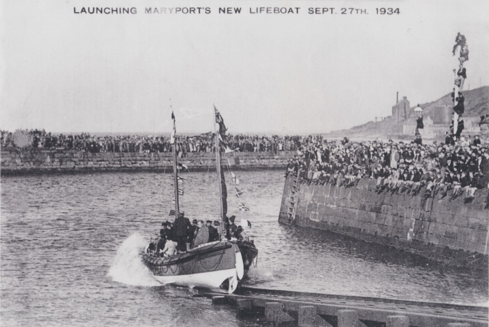 Maryport harbour lifeboat launch huge crowds Sept 27th 1934