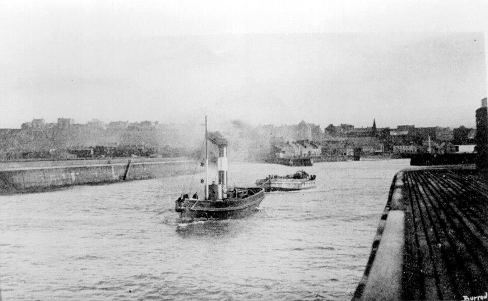 Maryport Harbour Steam Tug Towing Barge Out To Sea