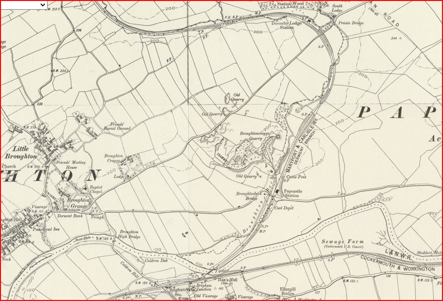 Rail route Brigham by St Bridgets over Derwent follow hedge up to curve left at Dovenby Hall map NLS jpg